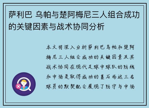 萨利巴 乌帕与楚阿梅尼三人组合成功的关键因素与战术协同分析